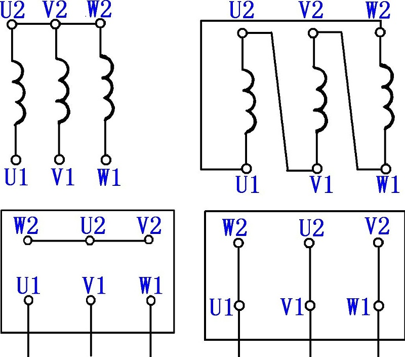 三相電動機(jī)的運(yùn)行方式接線示意圖 （左星形聯(lián)結(jié)；右三角形聯(lián)結(jié)）